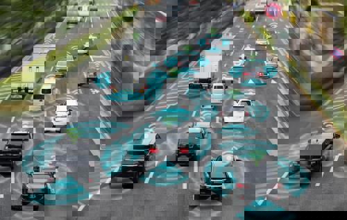 Cars travelling down a four lane road. An overlay shows radiating lines in four directions from each vehicle, and an indication of a wi-fi signal on top.